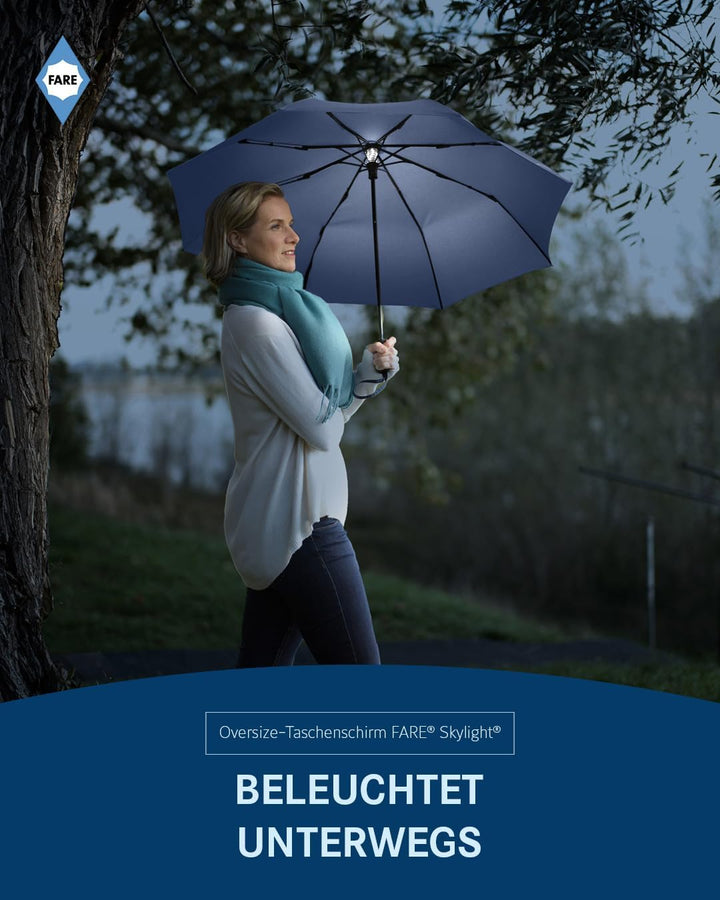 FARE Oversize-Taschenschirm Skylight (marine) - Effektvoller Regenschirm mit LED-Innenbeleuchtung un