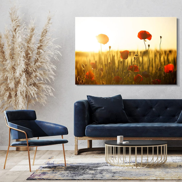 Printed Paintings Leinwand (80x60cm): Blumenbilder Blumenfotos Mohnblumen-Feld bei Sonnenaufgang 80x