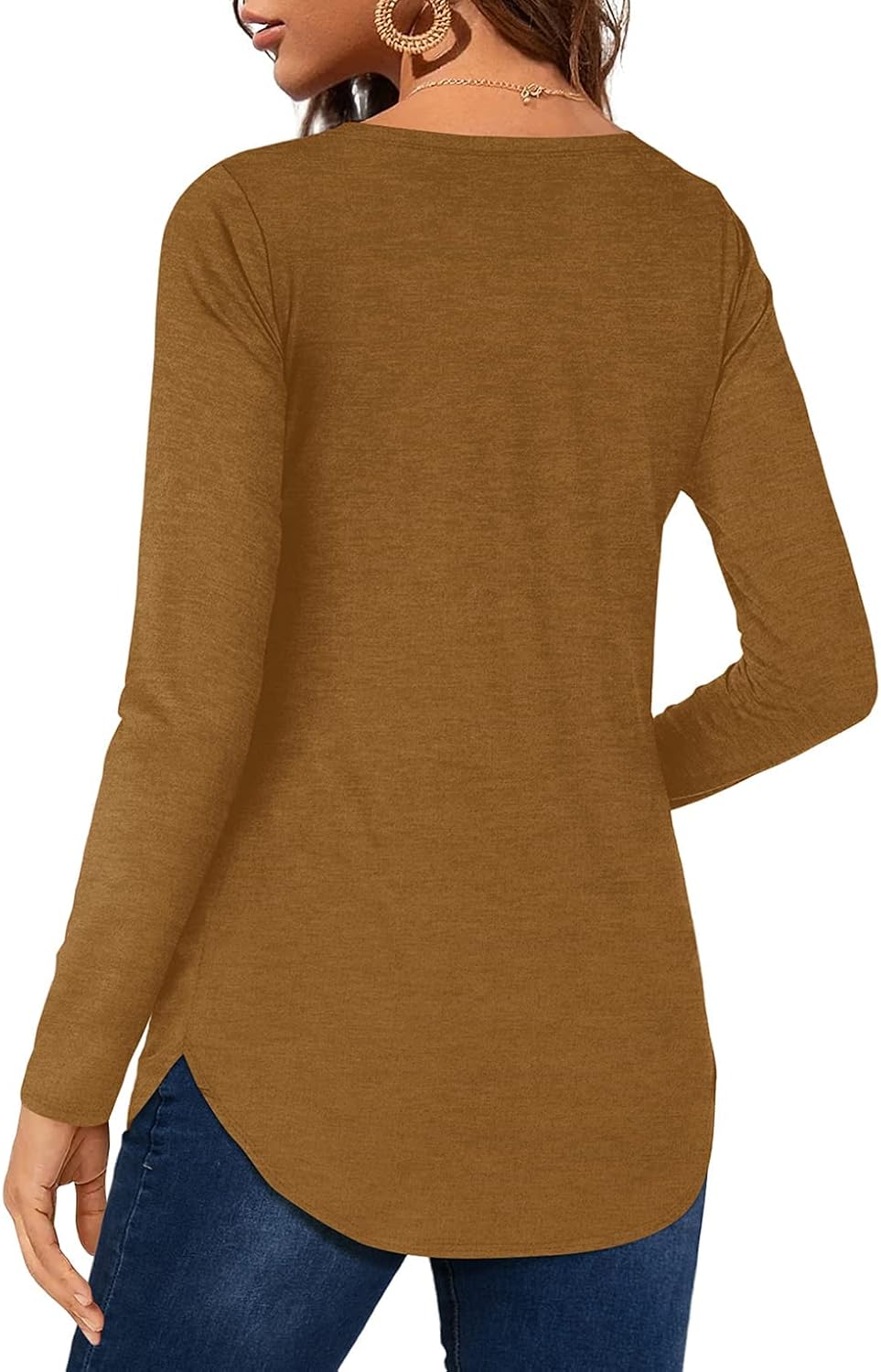 Florboom Tunika Damen Langarm/Kurzarm V Ausschnitt Oberteil Shirts Basic Casual Longshirt S A-braun,