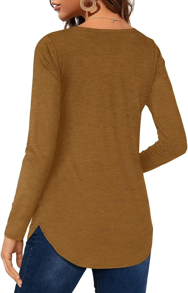 Florboom Tunika Damen Langarm/Kurzarm V Ausschnitt Oberteil Shirts Basic Casual Longshirt S A-braun,