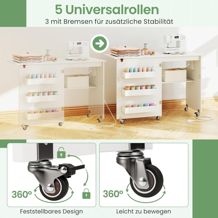 GIANTEX Nähtisch mit Ladestation, Nähmaschinentisch klappbar, Nähschrank mit Rollen, Nähmaschinensch