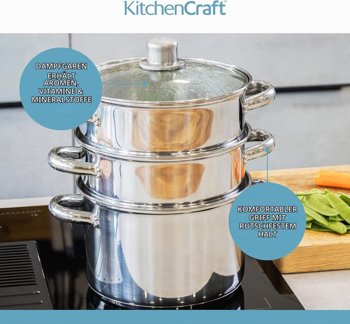 KitchenCraft 3 Kochtopf Set, Dampfgarer/Suppentopf Steamer 3-stufig, Induktionssicher, Edelstahl, in