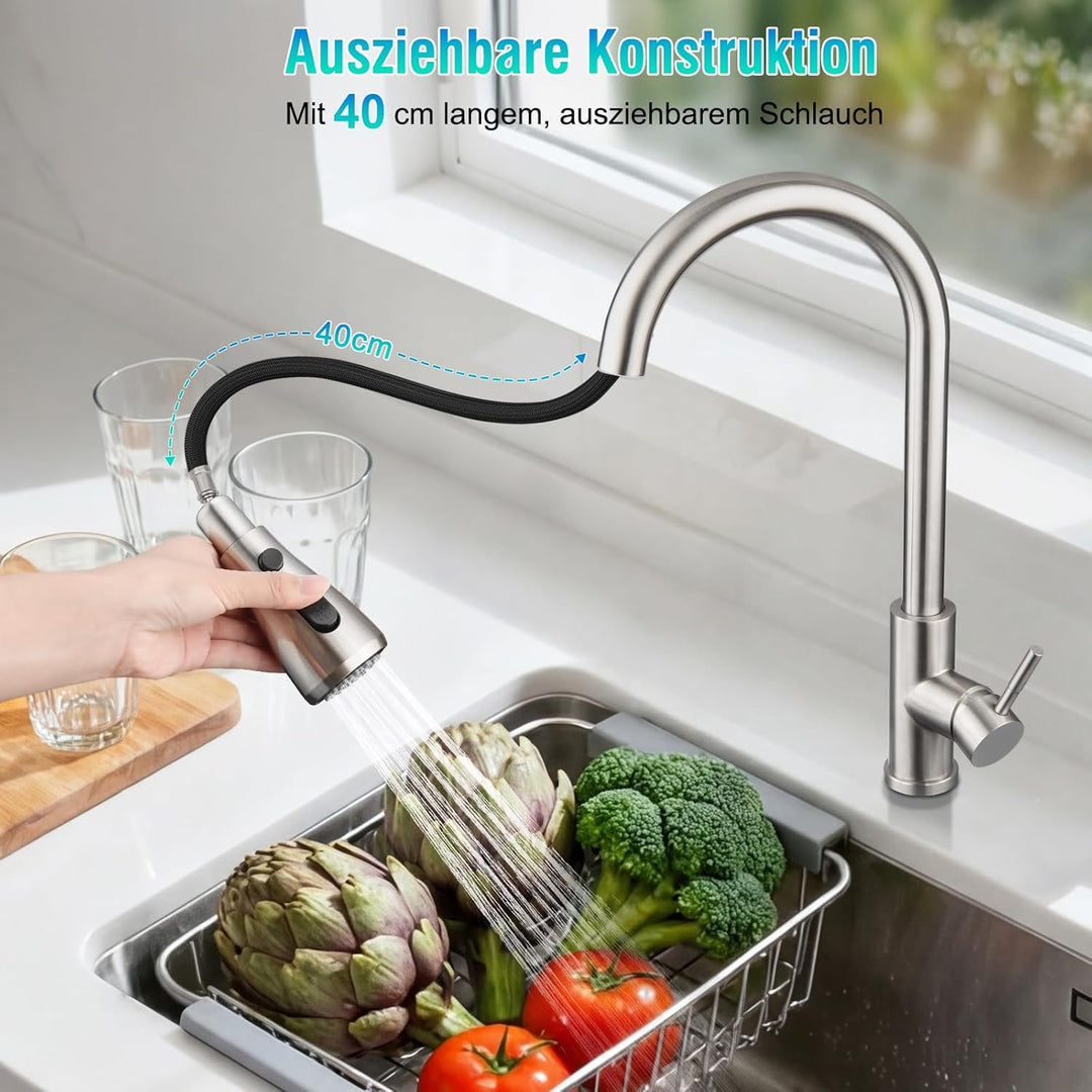 Wasserhahn Küchen, Hochdruck Küchenarmatur mit Brausekopf, 2 Wasserauslauf Modi, Küchenarmatur Auszi