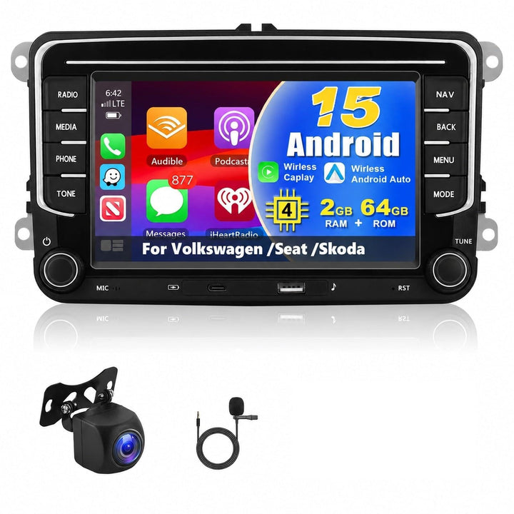 2+64G Autoradio für VW Golf Tiguan Touran Passat Polo Skoda Caddy Seat mit Kabellosem Carplay/Androi