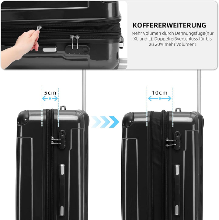 BEIBYE Hartschalen Koffer Trolley Rollkoffer Reisekoffer 4 Zwillingsrollen Polycabonat (Schwarz, 76c