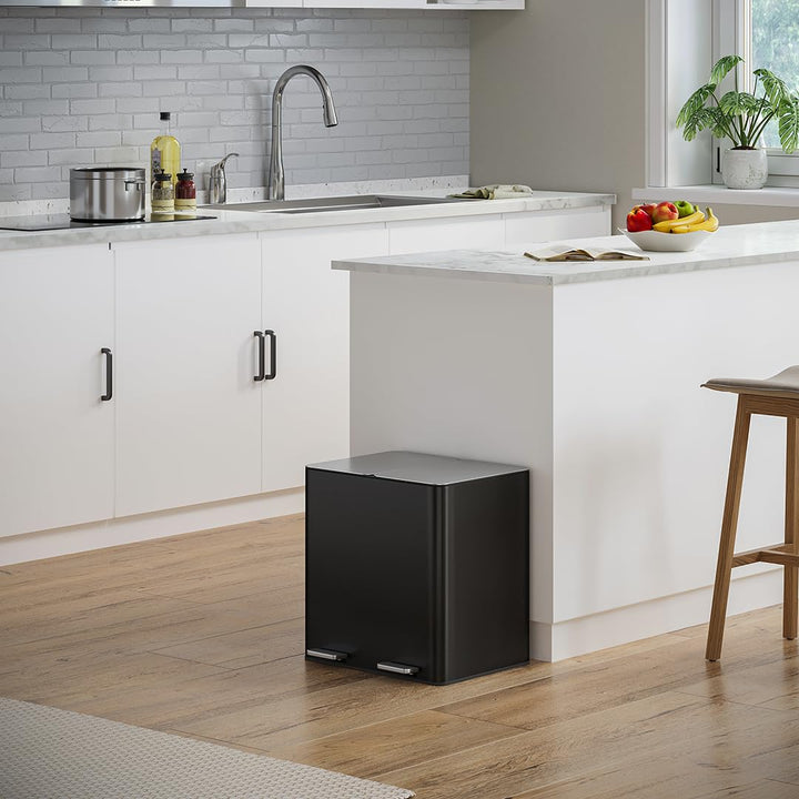 STEELSØN Gloas Mülleimer 2 Fächer – Mülltrennsystem Küche 2x15 L aus Edelstahl Schwarz – Tretmülleim