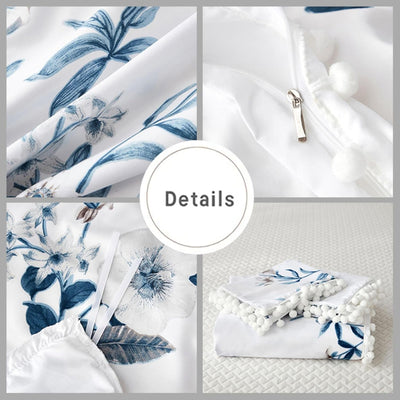 Freyamy Bettwäsche 200x220cm 3teilig Weiss Blau Blumen Pompons Wendebettwäsche Microfaser Weiche Bet