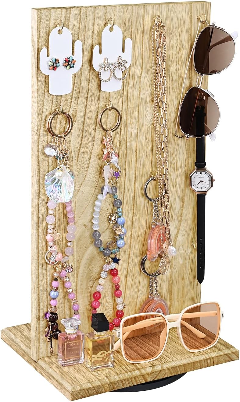 Ikee Design Drehbarer zweiseitiger Schmuckständer aus Holz, drehbarer Organizer mit 32 Haken zur Auf