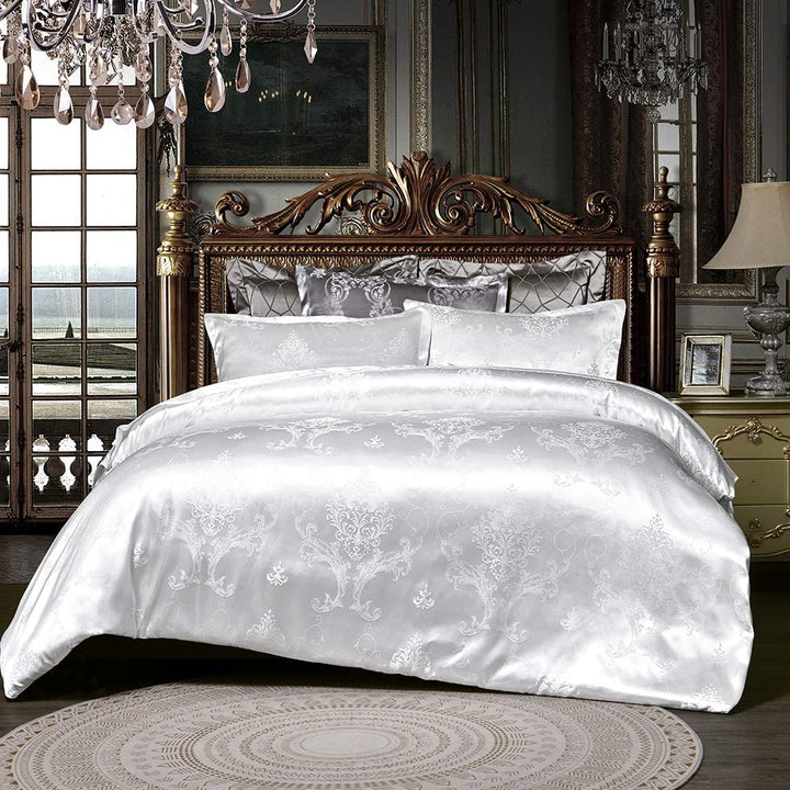 Bettwäsche Satin 135x200 cm 4teilig Seiden Deckenbezug Weiss Blumen Muster Bettbezug Set Glatt Luxus