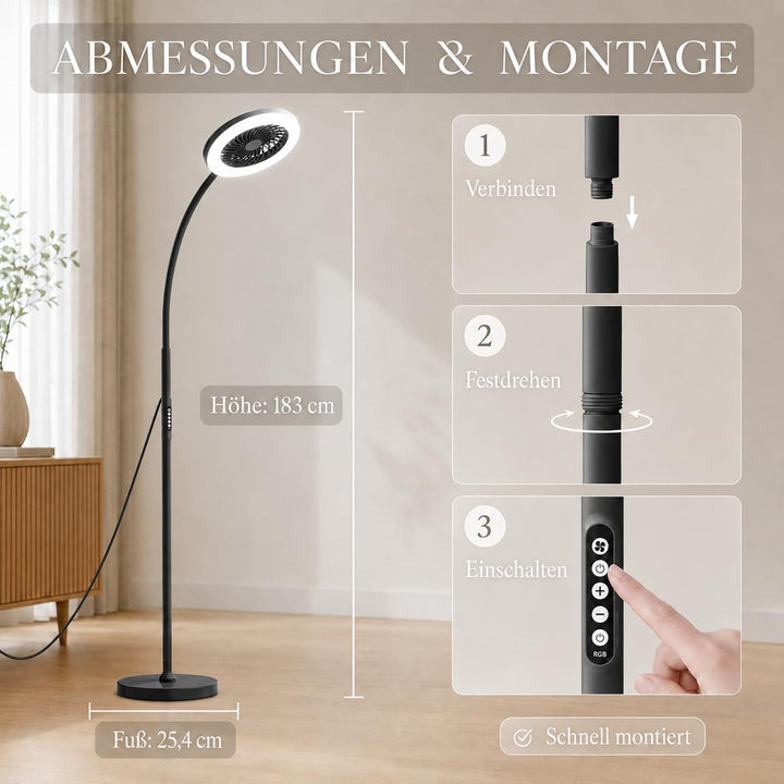 Standventilator mit Licht 183cm, Leise Ventilator Stehlampe mit RGB Farbwechsel &amp; CCT, 360° Schwanen