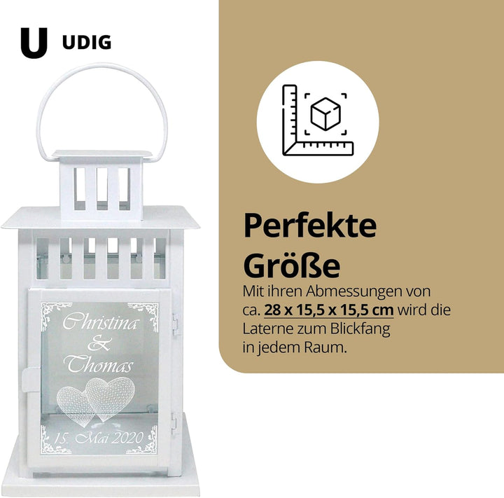 UDIG Laterne mit Gravur aus Metall, weiss, 28x15,5x15,5 cm, Hochzeitslaterne, persönliche Hochzeitsg