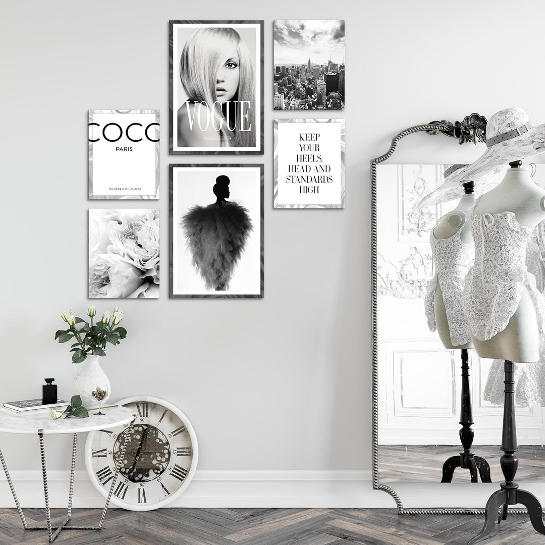 Novart Wandbilder Set Coco Fashion Schwarz Weiss - KEIN EXTRA RAHMEN BENÖTIGT - Modern Deko - Wohnzi