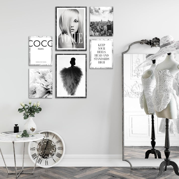 Novart Wandbilder Set Coco Fashion Schwarz Weiss - KEIN EXTRA RAHMEN BENÖTIGT - Modern Deko - Wohnzi
