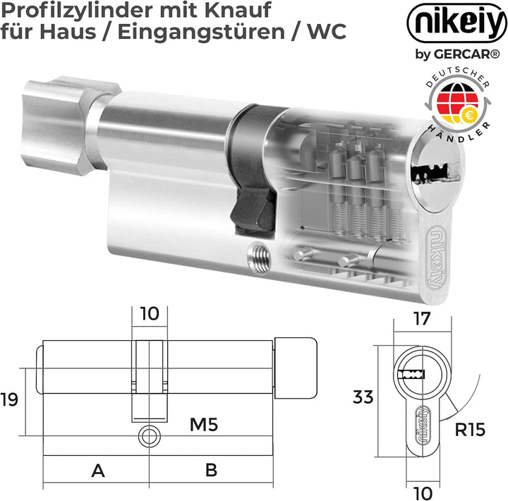 GERCAR 4x Knaufzylinder gleichschliessend 4 Schliesszylinder 35/35 inkl. 20 Schlüssel - 70 mm - Türs