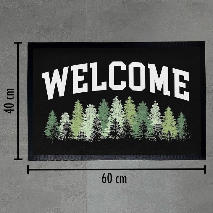 Trendation - Welcome Fussmatte Wald Bäume Muster Willkommen Geschenk Aussen Innenbereich 60x40 cm Sc