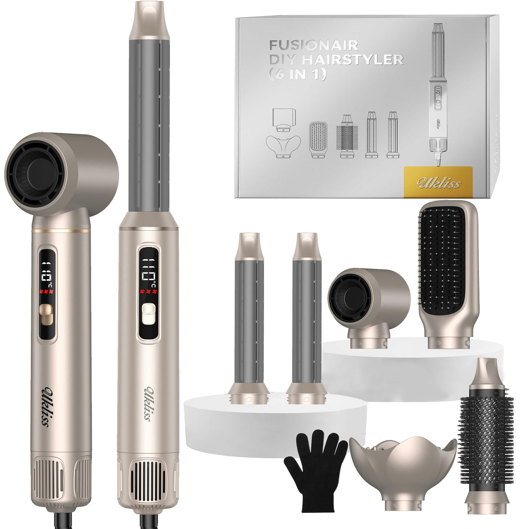 UKLISS 6 in 1 Hairstyler mit LCD-Display, Hair Styler Set mit Föhn für Locken, Rundbürstenföhn, Haar