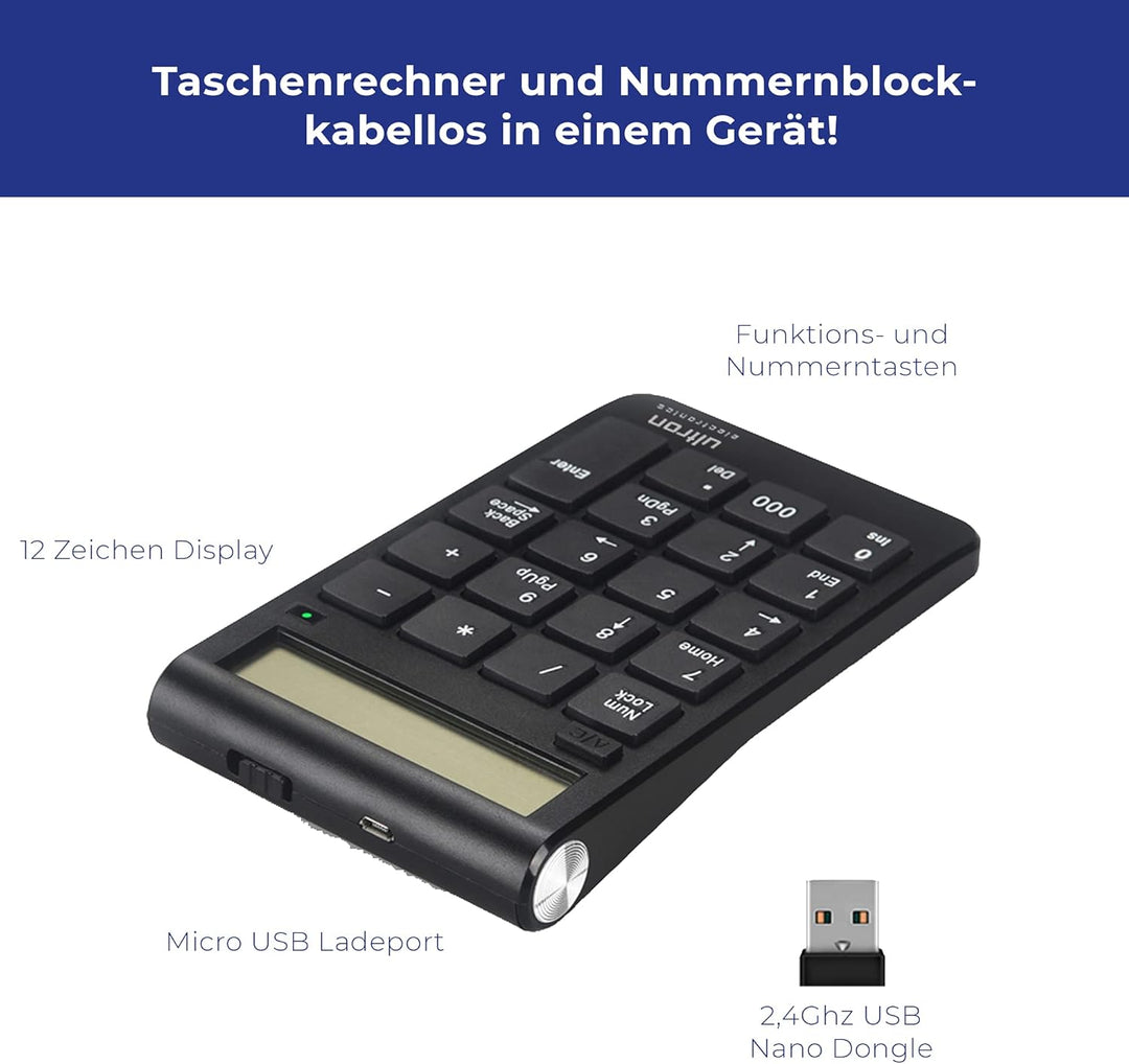 Ultron 364181 UN2 Ziffernblock, 2,4 GHz Taschenrechner USB Ziffern-Block Kabellos, Numpad Wireless m