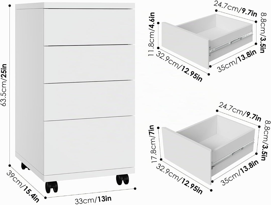 HOCSOK Rollcontainer mit 4 Schubladen, Aktenschrank mit Rollen, Büroschrank, unter dem Schreibtisch,