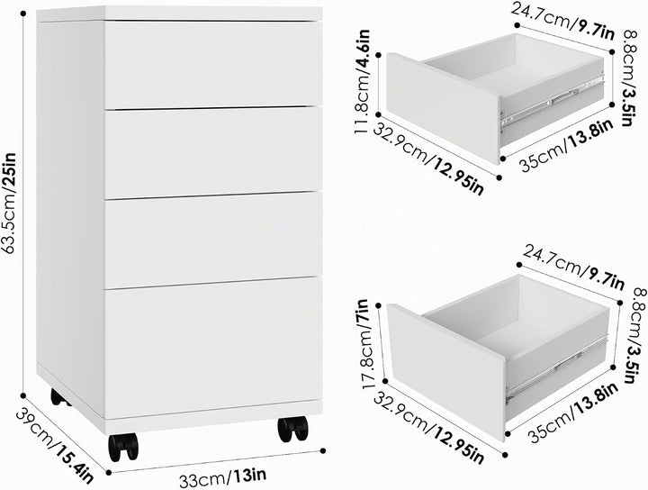 HOCSOK Rollcontainer mit 4 Schubladen, Aktenschrank mit Rollen, Büroschrank, unter dem Schreibtisch,