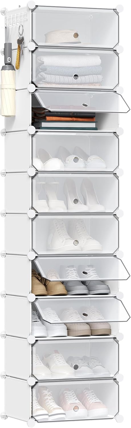 WOLTU Schuhbox, Schuhablage, Satz von 10, stapelbares Design, für 20 Paare, mit Tür, Haken, 43,5 x 1