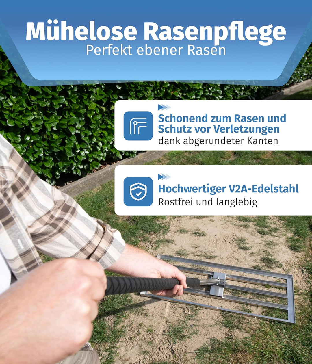 ID33® Rasenrechen aus Edelstahl (90 x 34 cm) – Ohne Stiel – Perfekt Ebener Rasen – Mühelose Rasenpfl