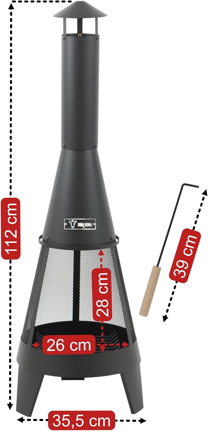 BBQ-Toro Terrassenofen mit Funkenschutz, Feuerrost und Schürhaken | 35,5 x 35 x 112 cm | Stahl Garte