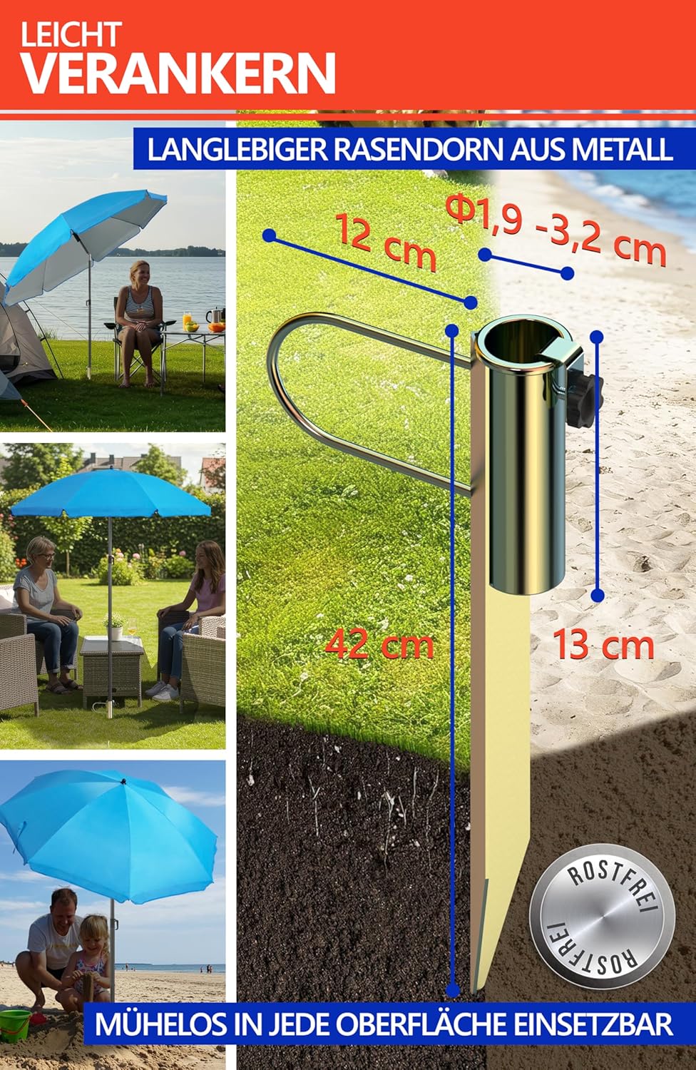 4smile Sonnenschirm Strand SunnyJoy Ø 160 cm, Blau – 3er Set inkl. Strandschirm windfest stabil, Ras