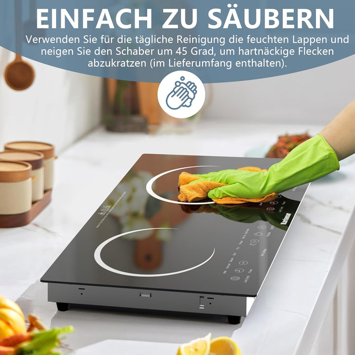 Karinear Herdplatte 2 Kochfelder, 3600W Kochplatten 2er Elektrisch, 2 Platten Kochfeld mit Stecker,