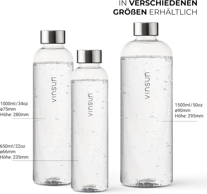 VINSUN Trinkflasche 650ml, 1000ml, 1500ml - auslaufsicher, Kohlensäure geeignet, BPA frei, Tritan -