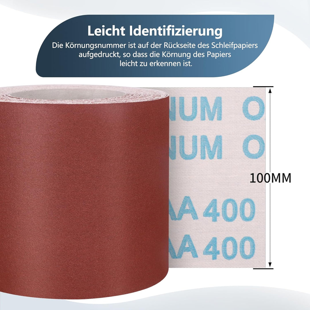 ZEHIQ Schleifpapier Rolle, Schleifpapierrollen Körnung 400, 100 mm x 10 m Schleifleinen Rolle für Ha