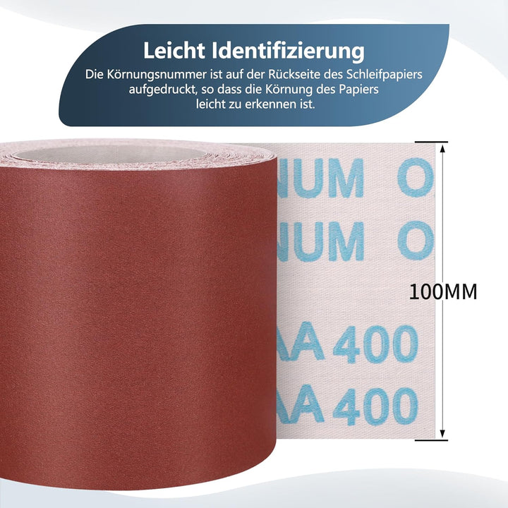 ZEHIQ Schleifpapier Rolle, Schleifpapierrollen Körnung 400, 100 mm x 10 m Schleifleinen Rolle für Ha