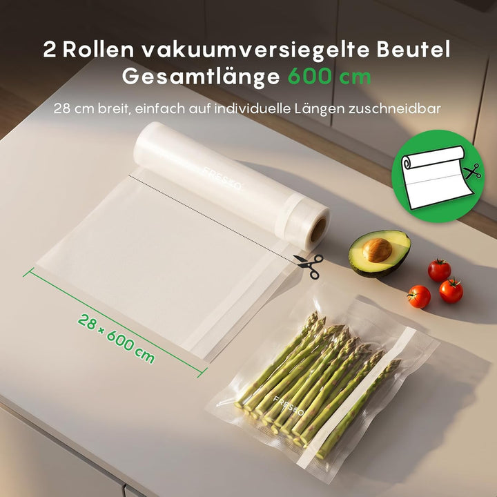 FRESKO Vakuumrollen 2 Rollen 28 x 600cm, Professionelle Vakuumierbeutel Folienbeutel, Grösse für all