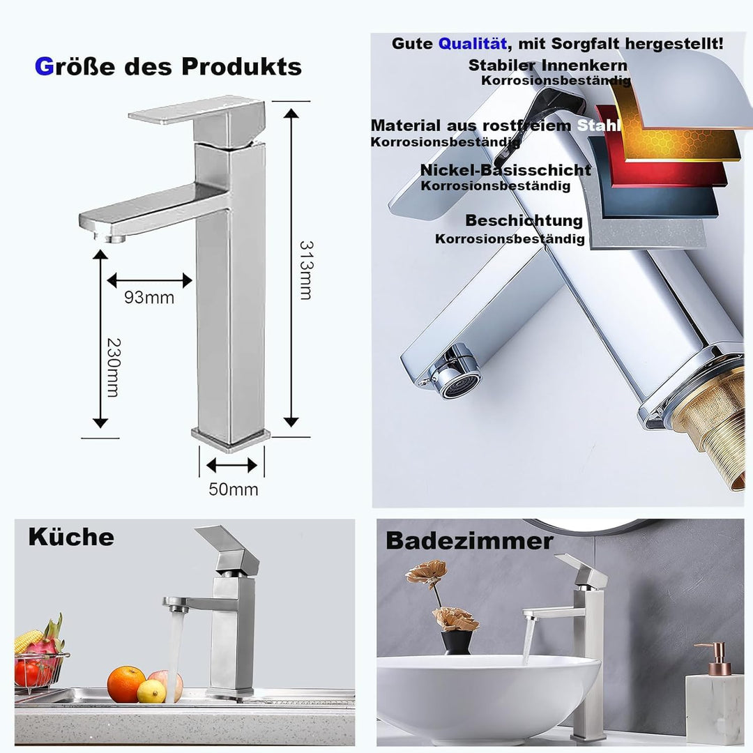 Edelstahl-Mischungshahn in hohem Stil, tropffrei mit leiser Einhand-Armatur für Bad, Waschbecken, kl