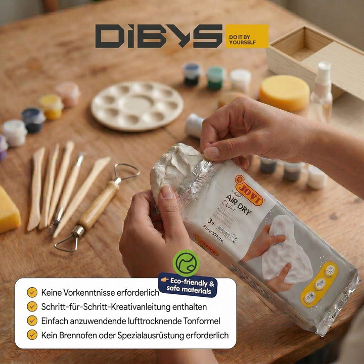 DIBYS Töpfer Set für Zuhause - 2x500 g Lufttrocknender Ton Weiss mit Töpferwerkzeug, 15 Farben & Pin