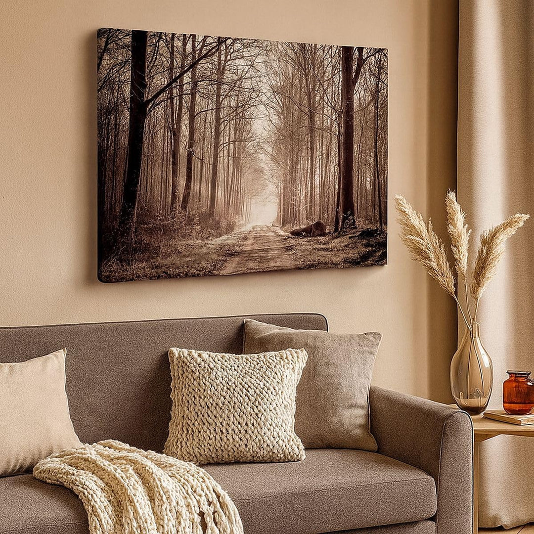 Bilder auf Leinwand 100x70cm Leinwandbild mit Rahmen Wald Strasse Baum Gross Wanddeko Bild Schlafzim