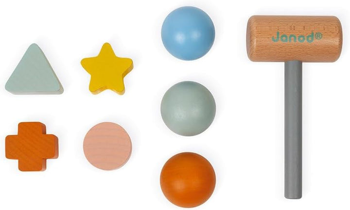 Janod - Tap Tap Sweet Cocoon - Klopfspiel mit Formensortierer und Steckspiel - 3-in-1 Holzspielzeug