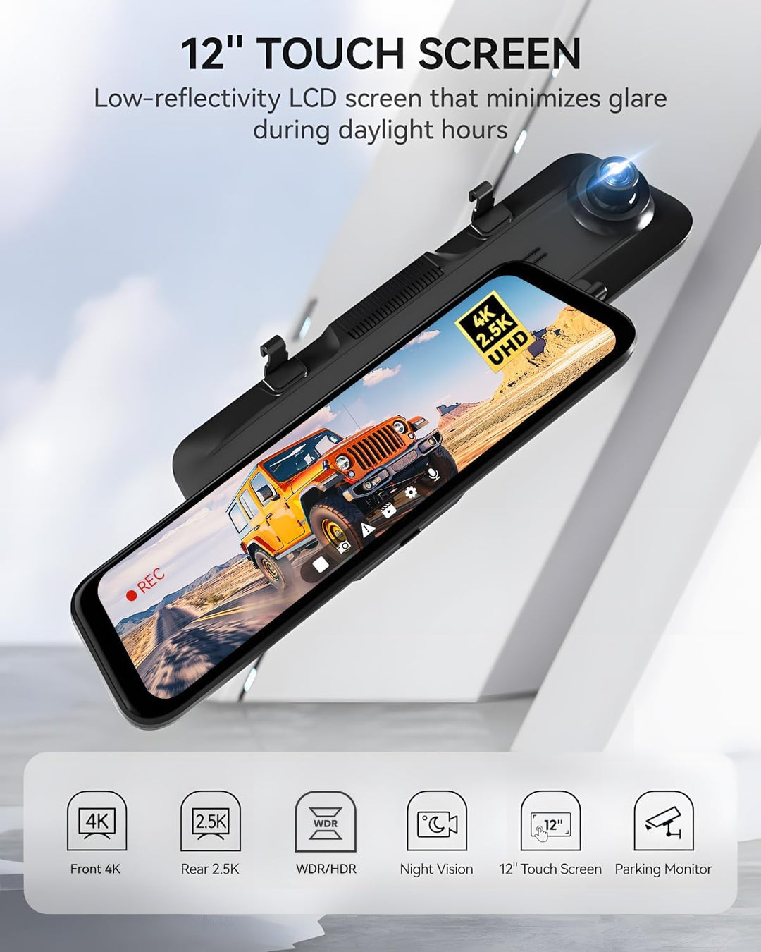 WOLFBOX Dashcam 4K + 2,5K für Rückspiegel: Front- und Rückspiegel Dashcam für Auto mit 12 Zoll Bilds