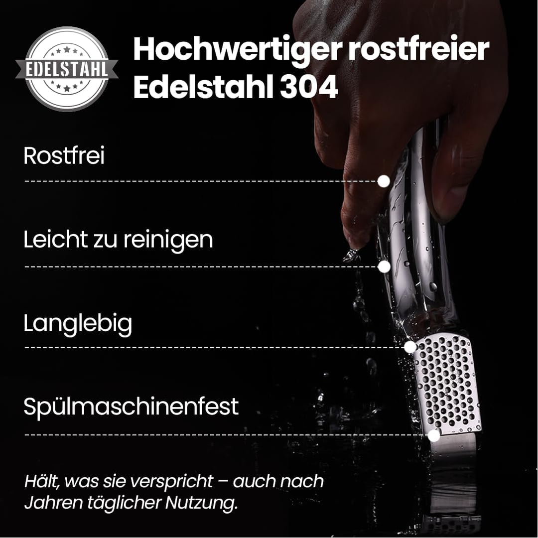 Knoblauchpresse Edelstahl für Knoblauch & Ingwer (kein Schälen notwendig) | Leicht zu reinigende Kno