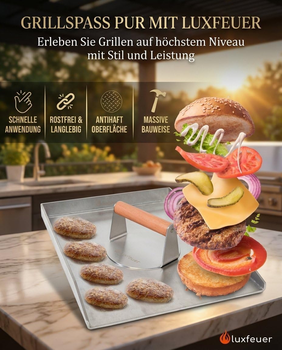 Smash Burgerpresse Edelstahl Ø14cm – mit Holzgriff & 20x Antihaftpapier – Smash Burger Smasher für G