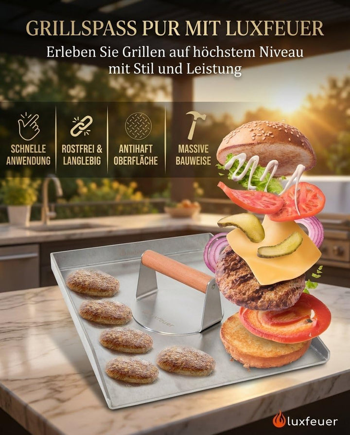 Smash Burgerpresse Edelstahl Ø14cm – mit Holzgriff & 20x Antihaftpapier – Smash Burger Smasher für G