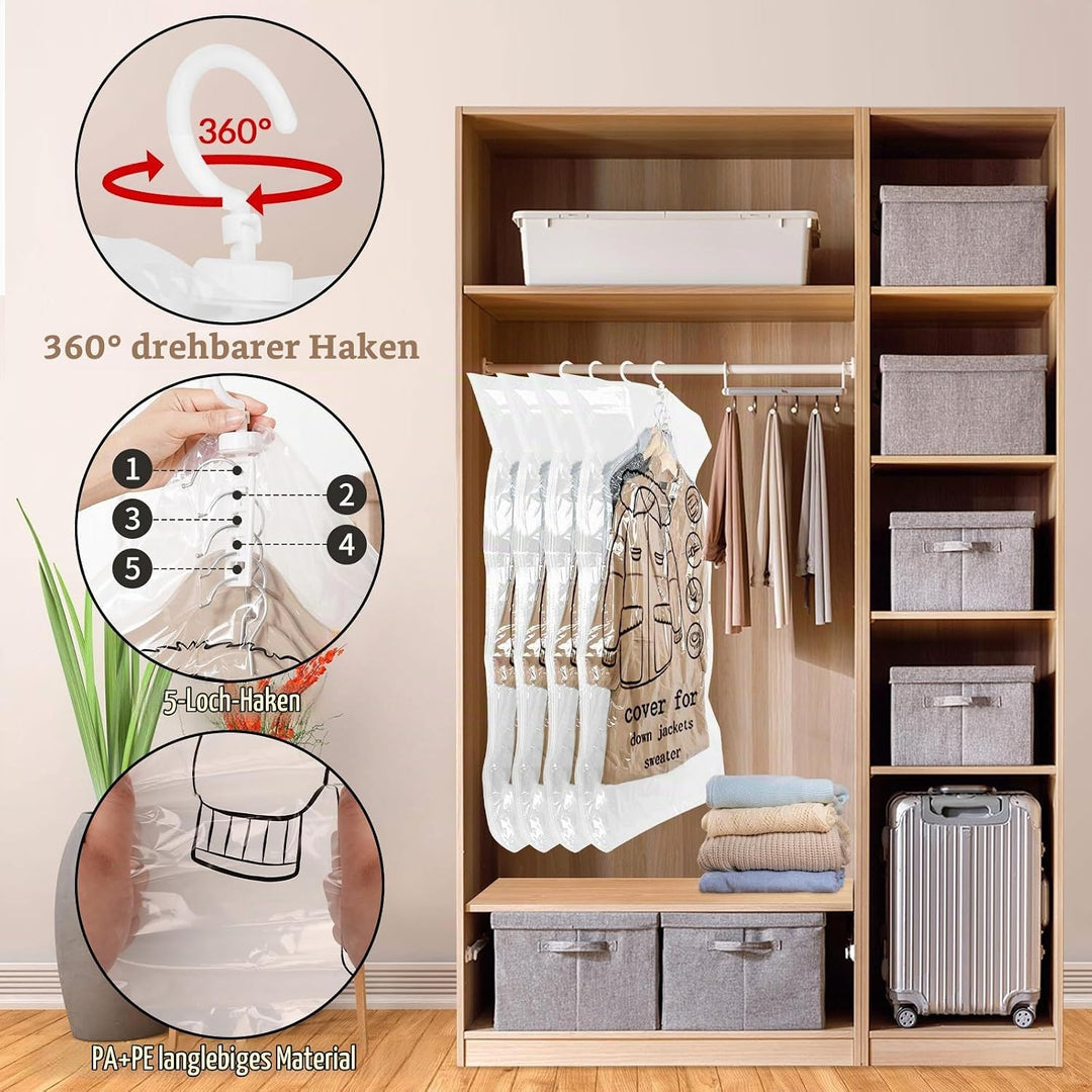 4 Stück Vakuumbeutel für Kleidung, 135x70cm, Hängende Vakuumierbeutel, Vermeiden Falten in Kleidungs
