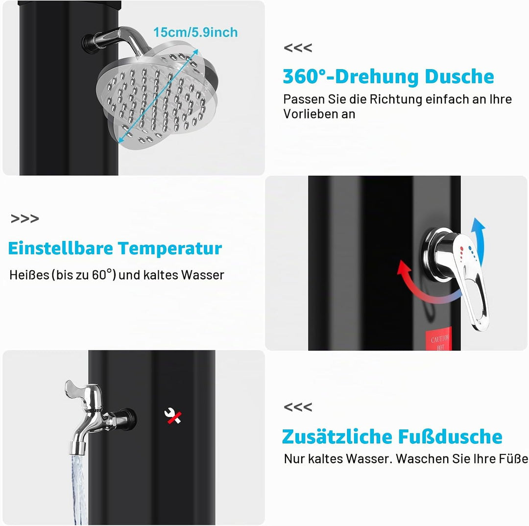 Solar Gartendusche 60Liter -Solardusche mit 360° Drehbarem Duschkopf und Fusshahn, Einstellbare Temp
