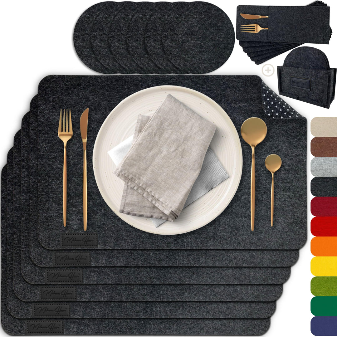 MAHEWA® 6er Set Premium Filz Tischset Platzset mit 6X Glasuntersetzer 1x Halter und 6X Bestecktasche