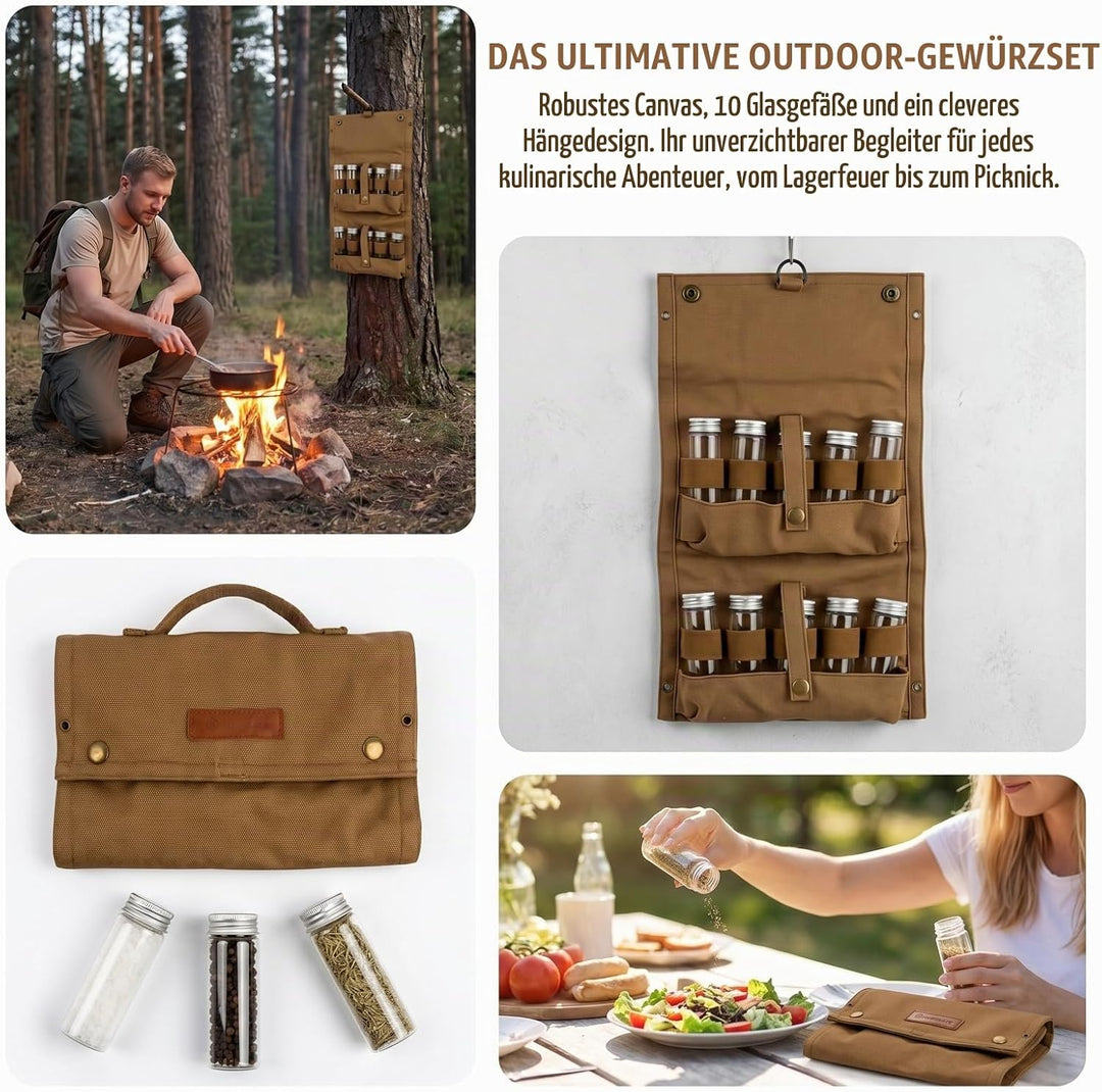 Tragbare Gewürztasche aus Segeltuch mit 10 Glasflaschen Camping Gewürzset für Outdoor BBQ, Picknick,