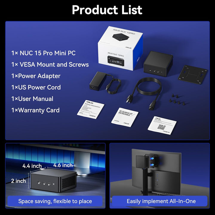 Intel NUC 15 PRO, für ASUS NUC 15 PRO Mini PC – mit Ultra 7 255H, 32GB RAM &amp; 1TB SSD, Win 11 Pro, In