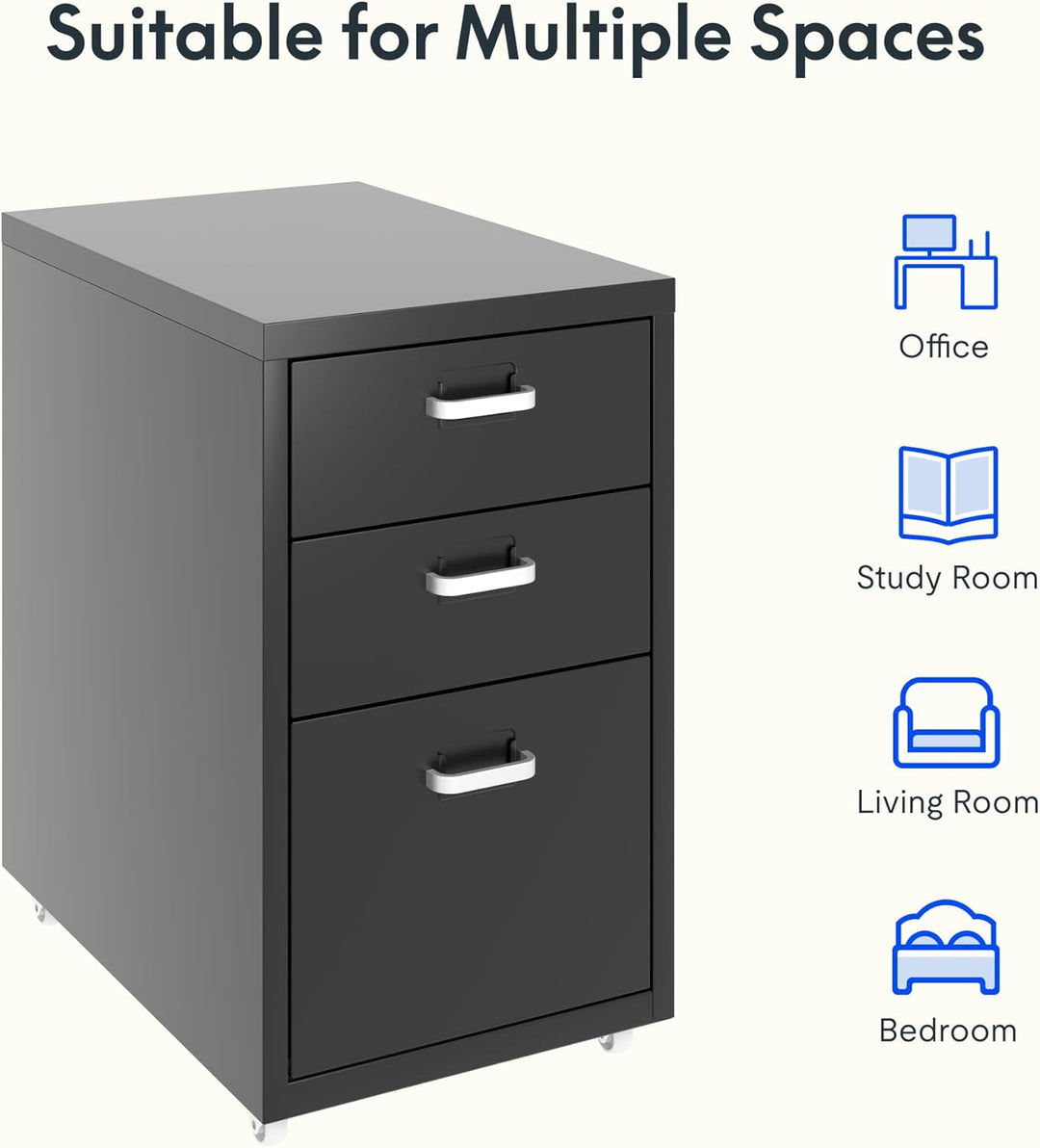 FLEXISPOT Rollcontainer Büroschrank mit 3 Schubladen, Aktenschrank Metallschrank Kommode mit Rädern,