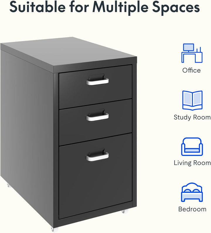FLEXISPOT Rollcontainer Büroschrank mit 3 Schubladen, Aktenschrank Metallschrank Kommode mit Rädern,