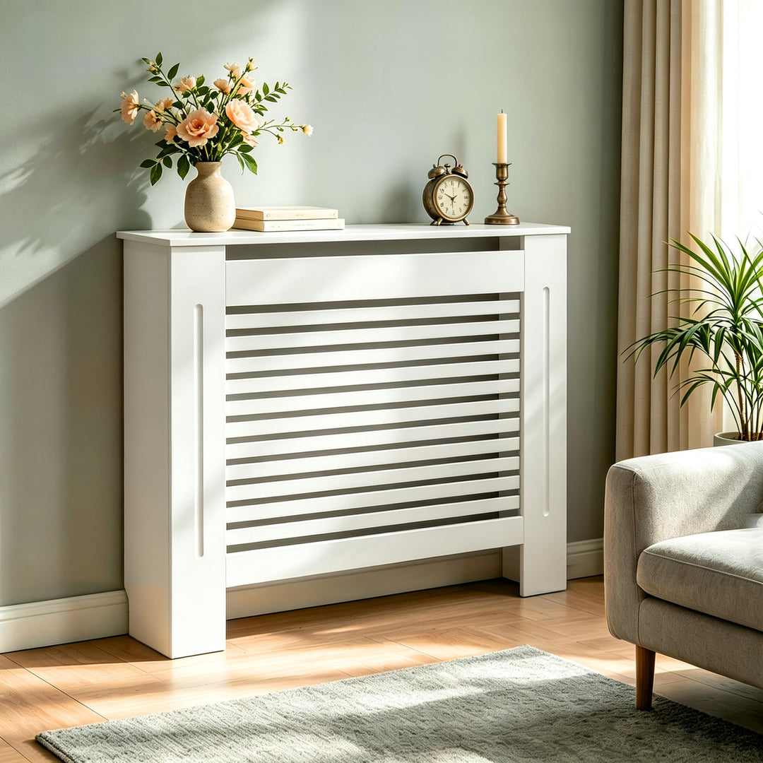 FATIVO Heizkörperverkleidung Hohe Heizkörperabdeckung Horizontal Holz 101×111×19 cm Weiss aus MDF la