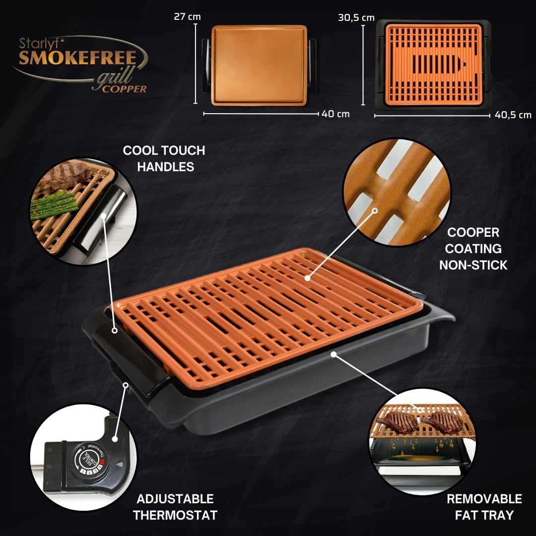 STARLYF Smokefree Grill Copper + Grillplatte, ohne Rauch oder Gerüche, Grill mit Kupfer-Antihaftbesc