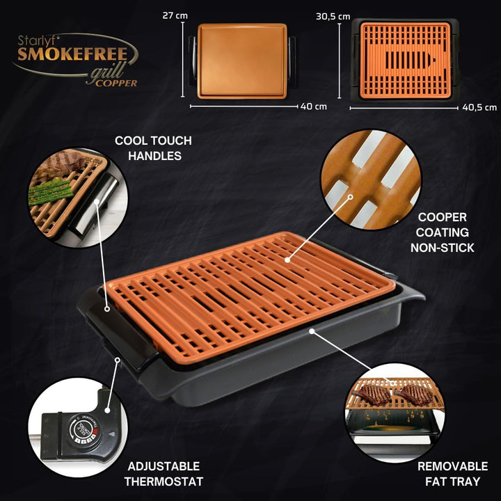 STARLYF Smokefree Grill Copper + Grillplatte, ohne Rauch oder Gerüche, Grill mit Kupfer-Antihaftbesc